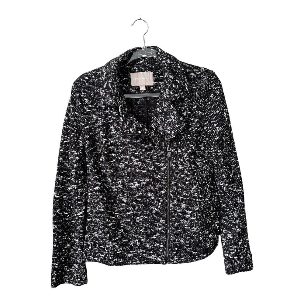 Banana Republic Womens Blazer Black White Tweed‎ Size 10 Asymmetrical Zipper